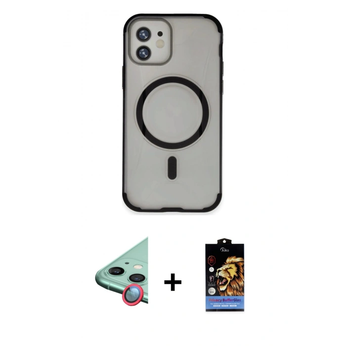 MARSİLYAN™- iPhone 11 Kılıf Eksen Klasik Koleksiyonu - Siyah Buffer Hayalet Cam Ekran Koruyucu + Raze Metal Kamera Lens - KI