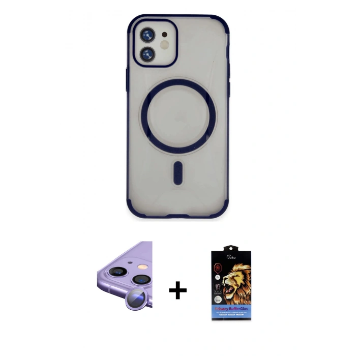 MARSİLYAN™- iPhone 11 Kılıf Eksen Klasik Koleksiyonu - Siyah Buffer Hayalet Cam Ekran Koruyucu + Raze Metal Kamera Lens - MR