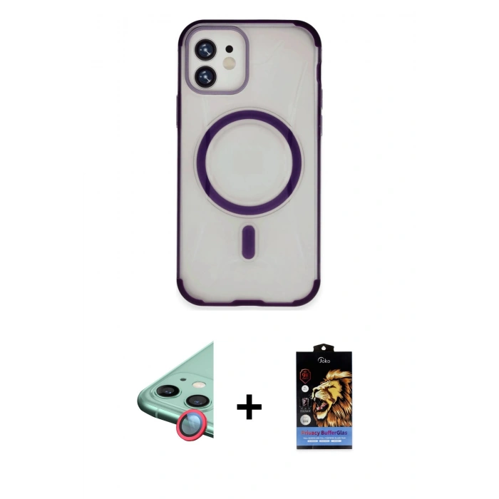 MARSİLYAN™- iPhone 11 Kılıf Eksen Klasik Koleksiyonu - Siyah Buffer Hayalet Cam Ekran Koruyucu + Raze Metal Kamera Lens - KI