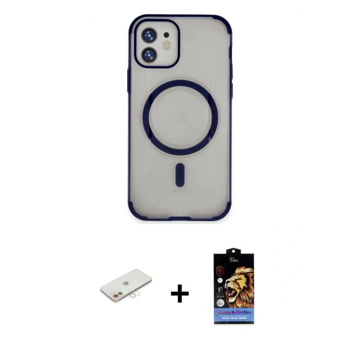 MARSİLYAN™- iPhone 11 Kılıf Eksen Klasik Koleksiyonu - Siyah Buffer Hayalet Cam Ekran Koruyucu + Renkli Kamera Lens Koruma Cam - YL
