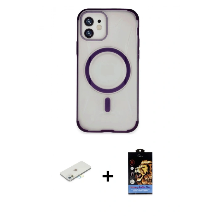 MARSİLYAN™- iPhone 11 Kılıf Eksen Klasik Koleksiyonu - Siyah Buffer Hayalet Cam Ekran Koruyucu + Renkli Kamera Lens Koruma Cam - SI