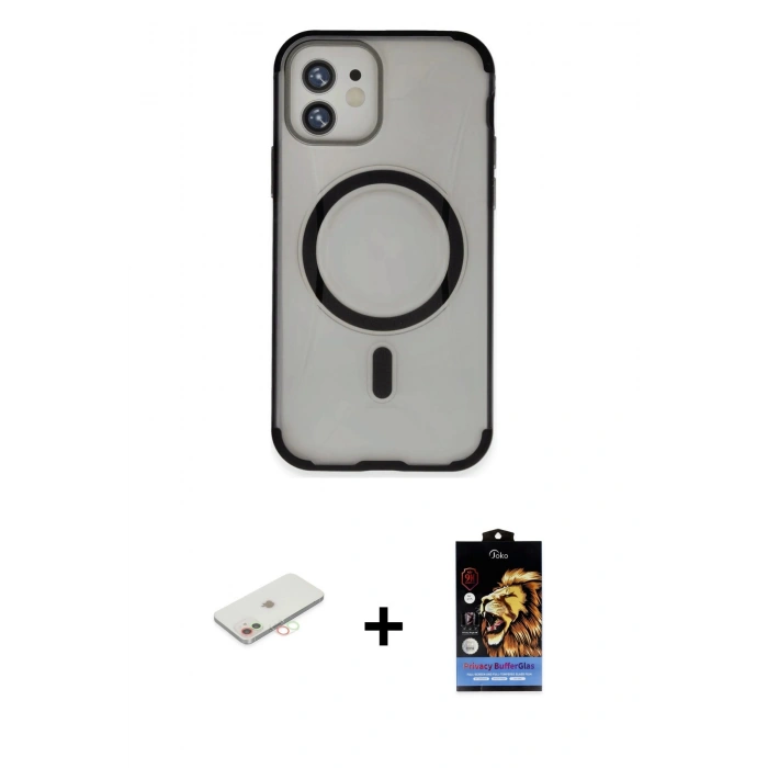 MARSİLYAN™- iPhone 11 Kılıf Eksen Klasik Koleksiyonu - Siyah Buffer Hayalet Cam Ekran Koruyucu + Renkli Kamera Lens Koruma Cam - YL