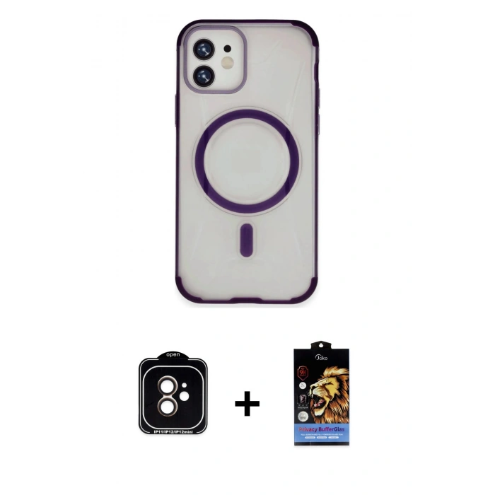 MARSİLYAN™- iPhone 11 Kılıf Eksen Klasik Koleksiyonu - Siyah Buffer Hayalet Cam Ekran Koruyucu + PVD Metal Kamera Lens - TU