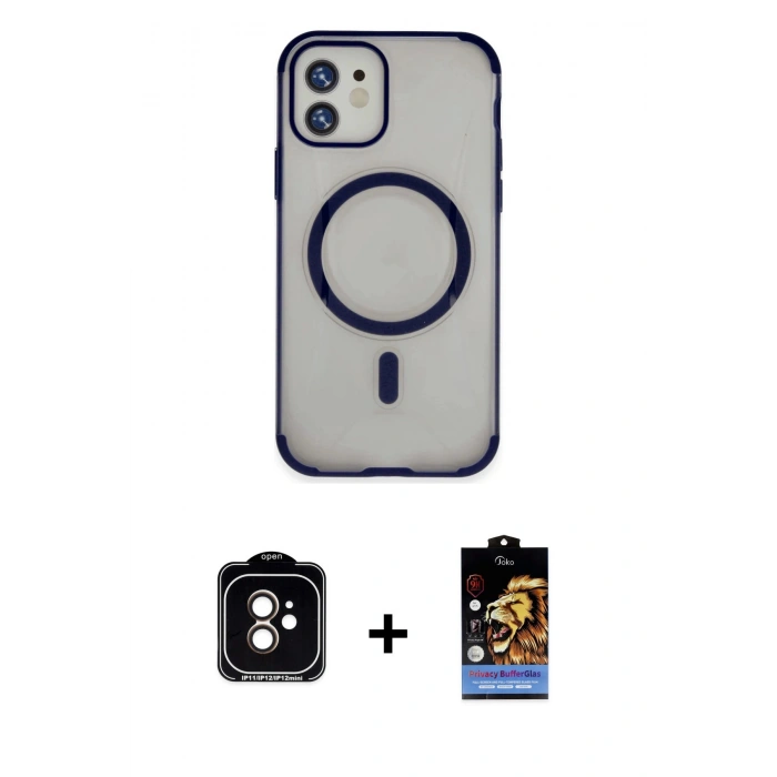 MARSİLYAN™- iPhone 11 Kılıf Eksen Klasik Koleksiyonu - Siyah Buffer Hayalet Cam Ekran Koruyucu + PVD Metal Kamera Lens - TU