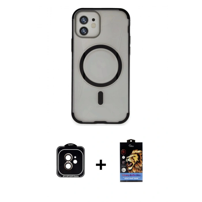 MARSİLYAN™- iPhone 11 Kılıf Eksen Klasik Koleksiyonu - Siyah Buffer Hayalet Cam Ekran Koruyucu + PVD Metal Kamera Lens - TU