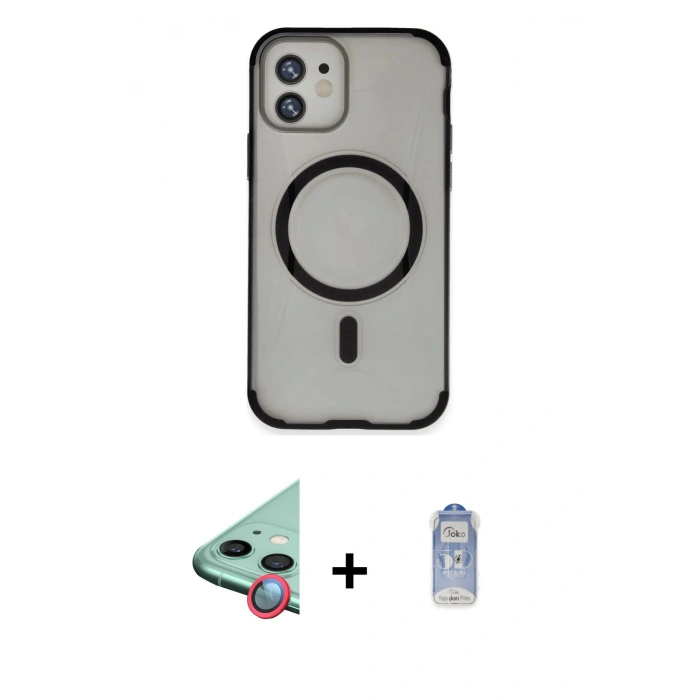 MARSİLYAN™- iPhone 11 Kılıf Eksen Klasik Koleksiyonu - Siyah Joko Magic 5D Cam + Kırmızı Raze Metal Kamera Lens