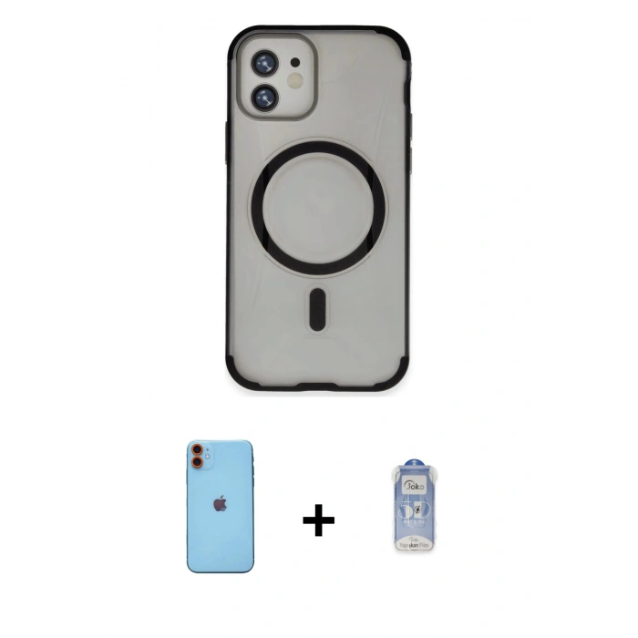 MARSİLYAN™- iPhone 11 Kılıf Eksen Klasik Koleksiyonu - Siyah Joko Magic 5D Cam + Neon Fosforlu Kamera Lens - TU