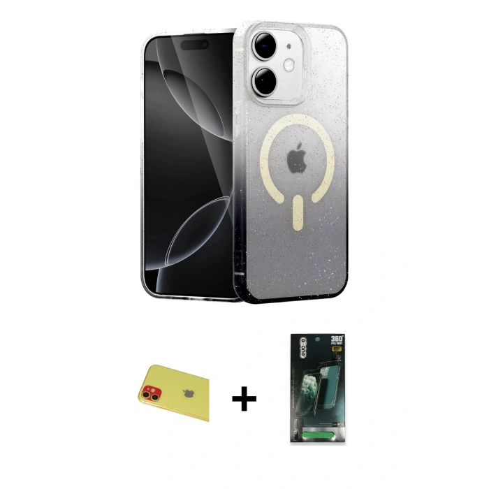 MARSİLYAN™- iPhone 11 Kılıf Eksen Minimal Özel Seri - Şeffaf 360 Full Body Arka Koruyucu + Kırmızı Rainbow Kamera Lens Koruma Cam