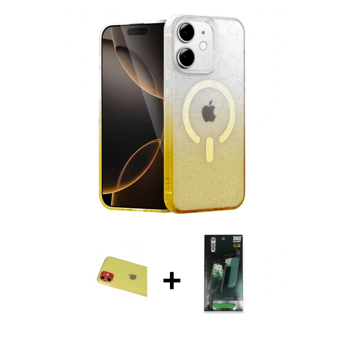MARSİLYAN™- iPhone 11 Kılıf Eksen Minimal Özel Seri - Şeffaf 360 Full Body Arka Koruyucu + Kırmızı Rainbow Kamera Lens Koruma Cam
