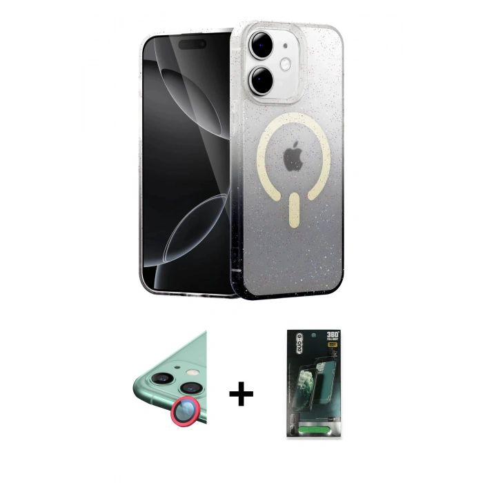 MARSİLYAN™- iPhone 11 Kılıf Eksen Minimal Özel Seri - Şeffaf 360 Full Body Arka Koruyucu + Raze Metal Kamera Lens - KI