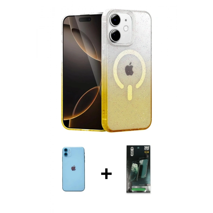 MARSİLYAN™- iPhone 11 Kılıf Eksen Minimal Özel Seri - Şeffaf 360 Full Body Arka Koruyucu + Neon Fosforlu Kamera Lens - MI