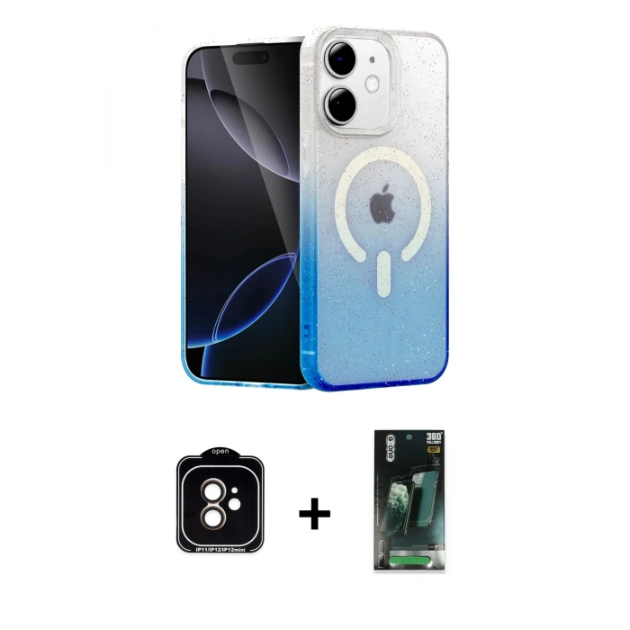 MARSİLYAN™- iPhone 11 Kılıf Eksen Minimal Özel Seri - Şeffaf 360 Full Body Arka Koruyucu + PVD Metal Kamera Lens - TU