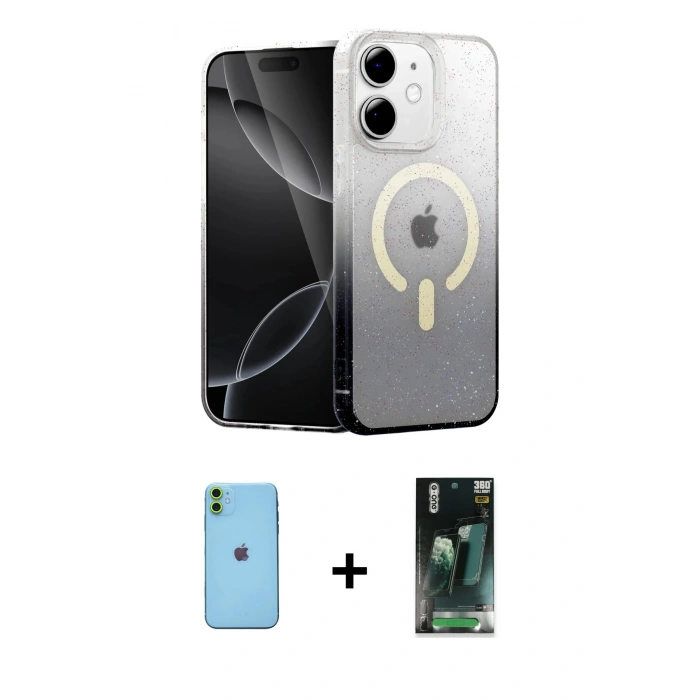 MARSİLYAN™- iPhone 11 Kılıf Eksen Minimal Özel Seri - Şeffaf 360 Full Body Arka Koruyucu + Neon Fosforlu Kamera Lens - YL