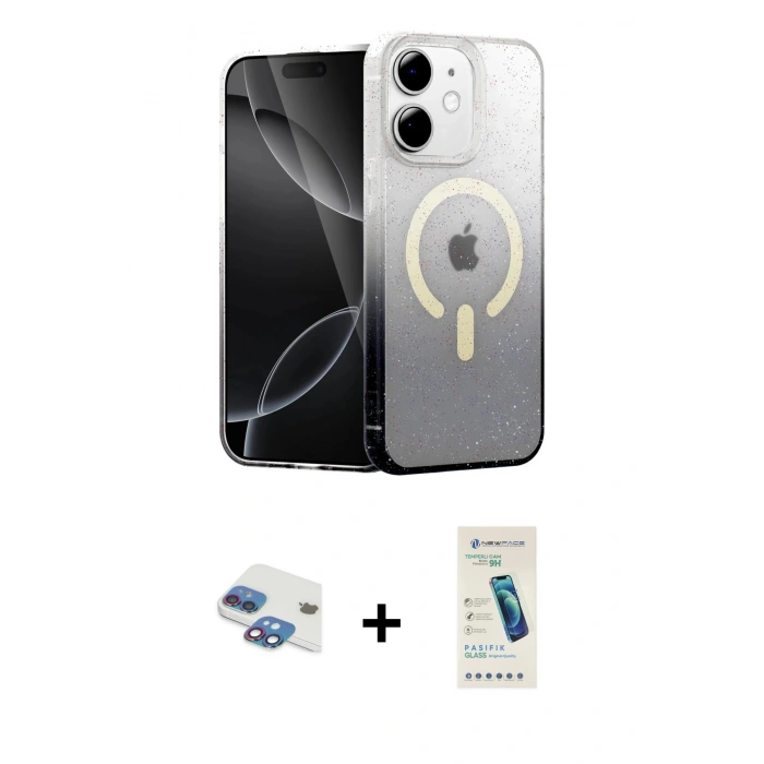 MARSİLYAN™- iPhone 11 Kılıf Eksen Minimal Özel Seri - Şeffaf Pasifik Cam Ekran Koruyucu + Gökkuşağı Pers Alüminyum Kamera Lens