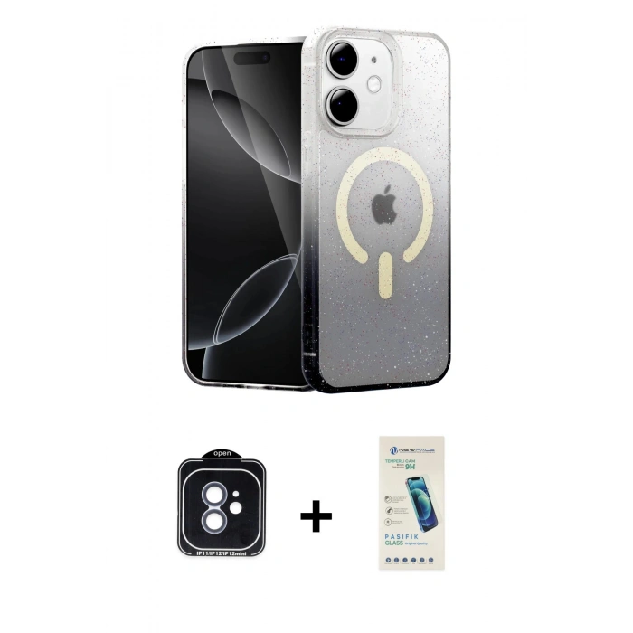 MARSİLYAN™- iPhone 11 Kılıf Eksen Minimal Özel Seri - Şeffaf Pasifik Cam Ekran Koruyucu + PVD Metal Kamera Lens - MI