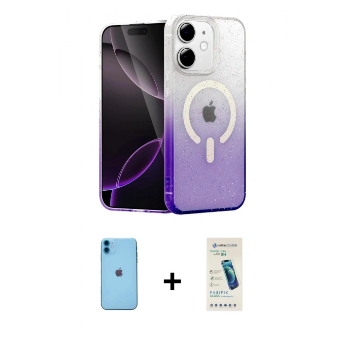 MARSİLYAN™- iPhone 11 Kılıf Eksen Minimal Özel Seri - Şeffaf Pasifik Cam Ekran Koruyucu + Neon Fosforlu Kamera Lens - MI