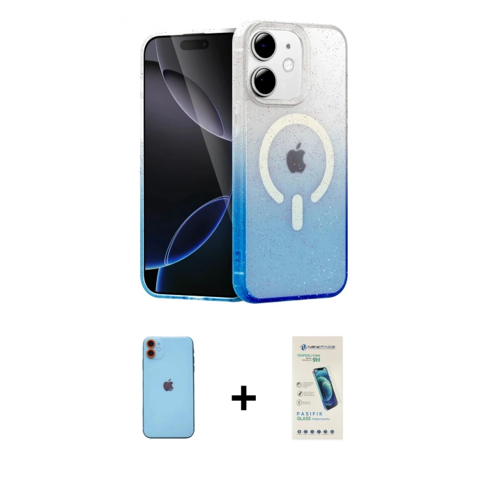 MARSİLYAN™- iPhone 11 Kılıf Eksen Minimal Özel Seri - Şeffaf Pasifik Cam Ekran Koruyucu + Neon Fosforlu Kamera Lens - TU