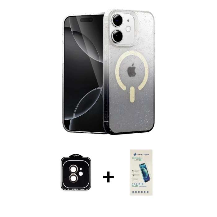 MARSİLYAN™- iPhone 11 Kılıf Eksen Minimal Özel Seri - Şeffaf Pasifik Cam Ekran Koruyucu + PVD Metal Kamera Lens - TU