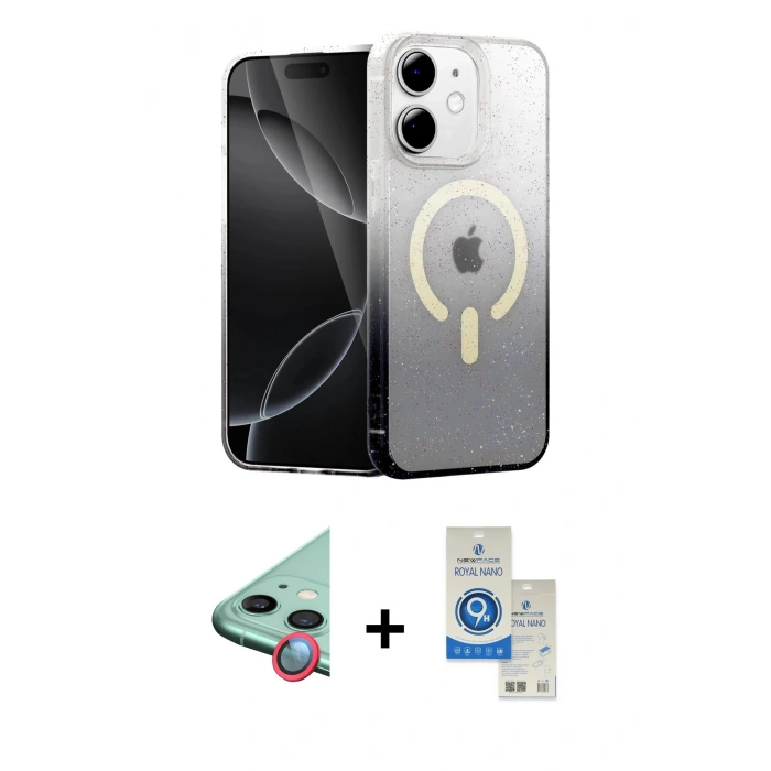 MARSİLYAN™- iPhone 11 Kılıf Eksen Minimal Özel Seri - Şeffaf Royal Nano Ekran Koruyucu + Kırmızı Raze Metal Kamera Lens