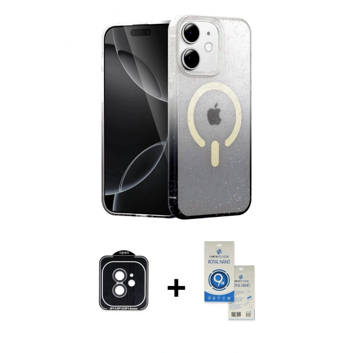 MARSİLYAN™- iPhone 11 Kılıf Eksen Minimal Özel Seri - Şeffaf Royal Nano Ekran Koruyucu + PVD Metal Kamera Lens - SH