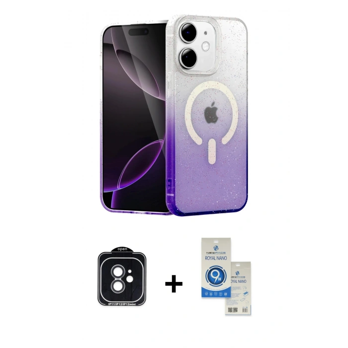 MARSİLYAN™- iPhone 11 Kılıf Eksen Minimal Özel Seri - Şeffaf Royal Nano Ekran Koruyucu + PVD Metal Kamera Lens - SH