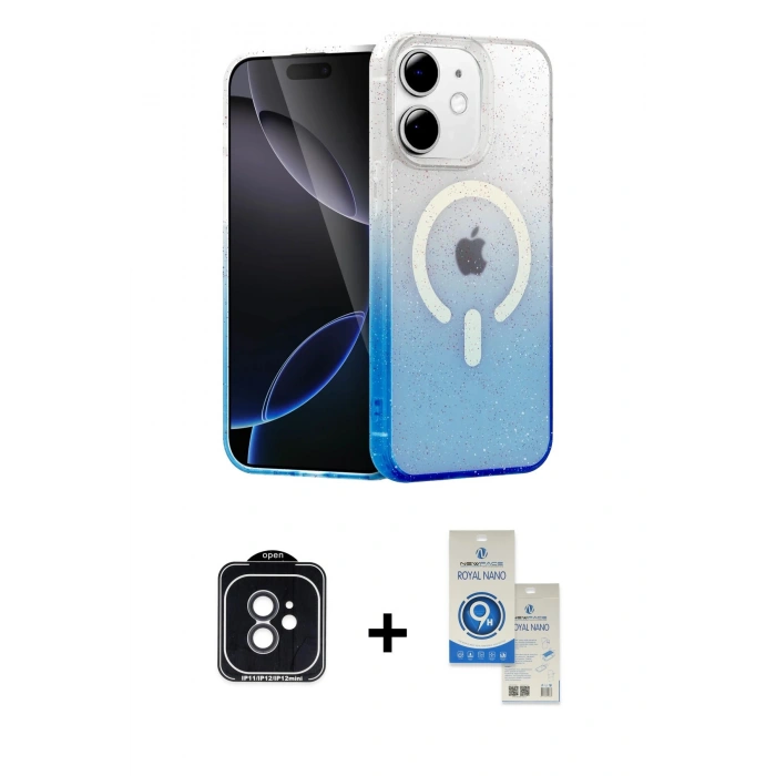 MARSİLYAN™- iPhone 11 Kılıf Eksen Minimal Özel Seri - Şeffaf Royal Nano Ekran Koruyucu + PVD Metal Kamera Lens - SH