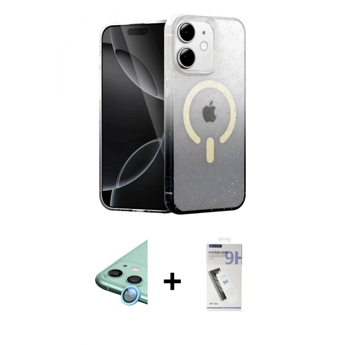 MARSİLYAN™- iPhone 11 Kılıf Eksen Minimal Özel Seri - Şeffaf Uv Polymer Nano Ekran Koruyucu + Mavi Raze Metal Kamera Lens