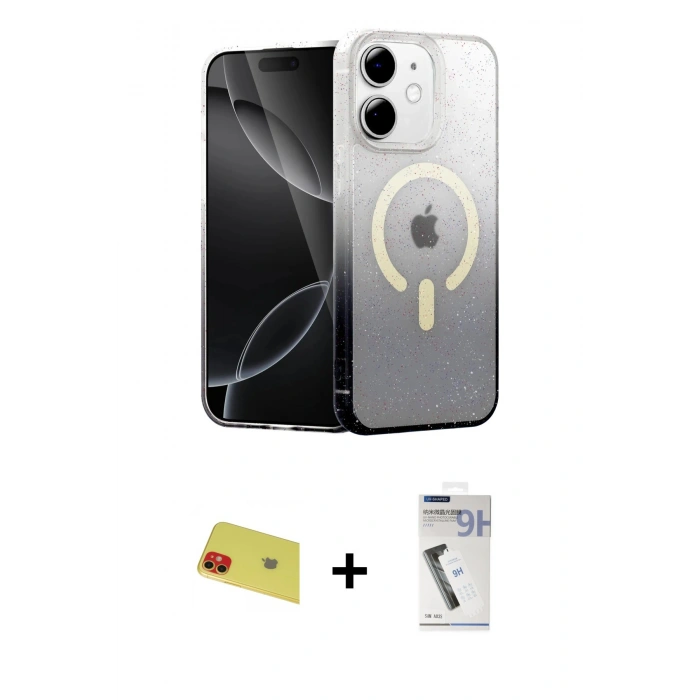 MARSİLYAN™- iPhone 11 Kılıf Eksen Minimal Özel Seri - Şeffaf Uv Polymer Nano Ekran Koruyucu + Rainbow Kamera Lens Koruma Cam - KI