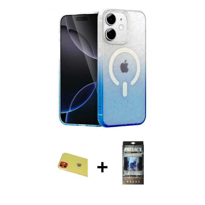 MARSİLYAN™- iPhone 11 Kılıf Eksen Minimal Özel Seri - Siyah 34D Hayalet Izgaralı Cam + Rainbow Kamera Lens Koruma Cam - KI