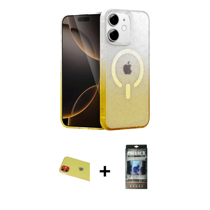 MARSİLYAN™- iPhone 11 Kılıf Eksen Minimal Özel Seri - Siyah 34D Hayalet Izgaralı Cam + Rainbow Kamera Lens Koruma Cam - KI