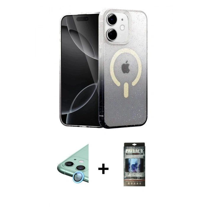 MARSİLYAN™- iPhone 11 Kılıf Eksen Minimal Özel Seri - Siyah 34D Hayalet Izgaralı Cam + Raze Metal Kamera Lens - MI