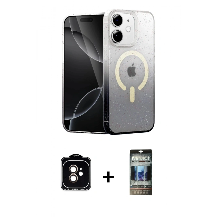 MARSİLYAN™- iPhone 11 Kılıf Eksen Minimal Özel Seri - Siyah 34D Hayalet Izgaralı Cam + PVD Metal Kamera Lens - TU