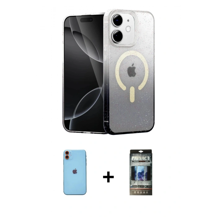 MARSİLYAN™- iPhone 11 Kılıf Eksen Minimal Özel Seri - Siyah 34D Hayalet Izgaralı Cam + Neon Fosforlu Kamera Lens - TU