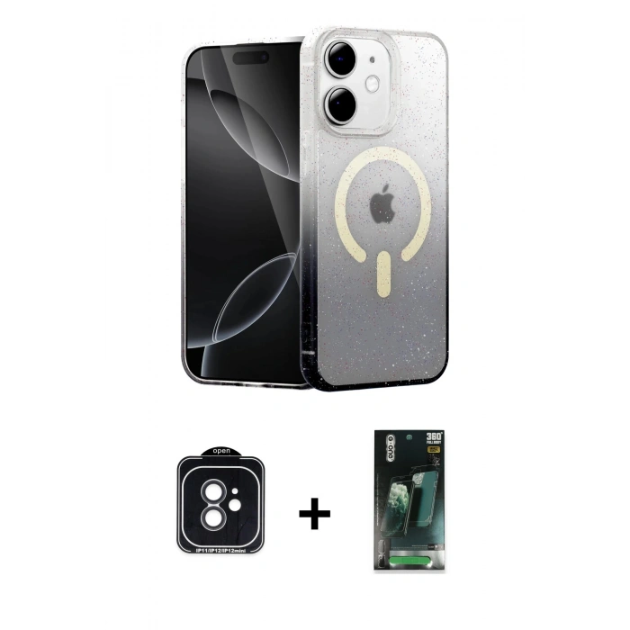 MARSİLYAN™- iPhone 11 Kılıf Eksen Minimal Özel Seri - Siyah 360 Mat Full Body Arka Koruyucu + Siyah PVD Metal Kamera Lens