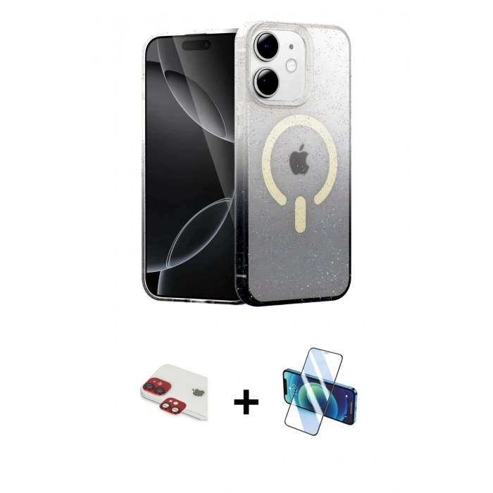 MARSİLYAN™- iPhone 11 Kılıf Eksen Minimal Özel Seri - Siyah 3D Antistatik Cam Ekran Koruyucu + Pers Alüminyum Kamera Lens - KI