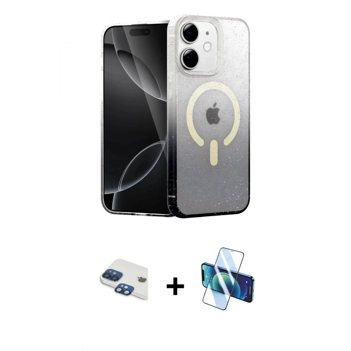 MARSİLYAN™- iPhone 11 Kılıf Eksen Minimal Özel Seri - Siyah 3D Antistatik Cam Ekran Koruyucu + Pers Alüminyum Kamera Lens - LT