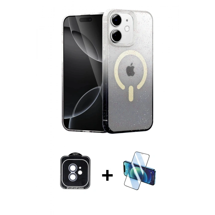 MARSİLYAN™- iPhone 11 Kılıf Eksen Minimal Özel Seri - Siyah 3D Antistatik Cam Ekran Koruyucu + PVD Metal Kamera Lens - MI