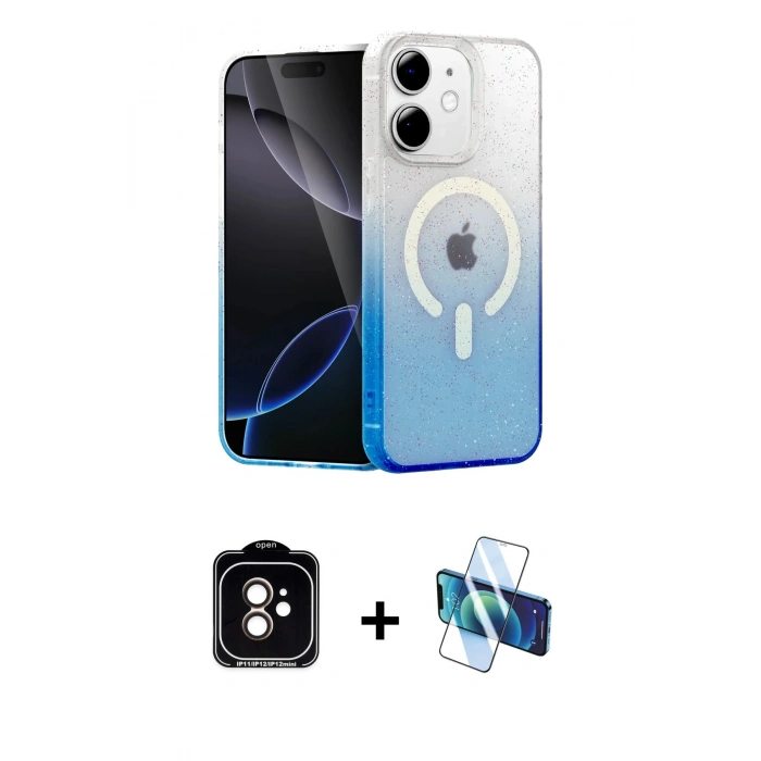 MARSİLYAN™- iPhone 11 Kılıf Eksen Minimal Özel Seri - Siyah 3D Antistatik Cam Ekran Koruyucu + PVD Metal Kamera Lens - TU