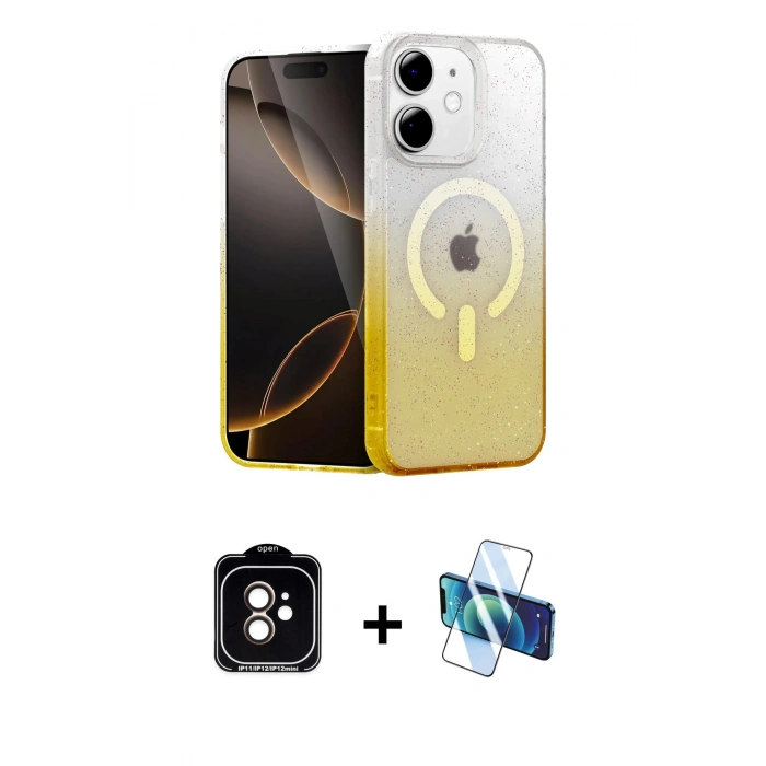 MARSİLYAN™- iPhone 11 Kılıf Eksen Minimal Özel Seri - Siyah 3D Antistatik Cam Ekran Koruyucu + PVD Metal Kamera Lens - TU
