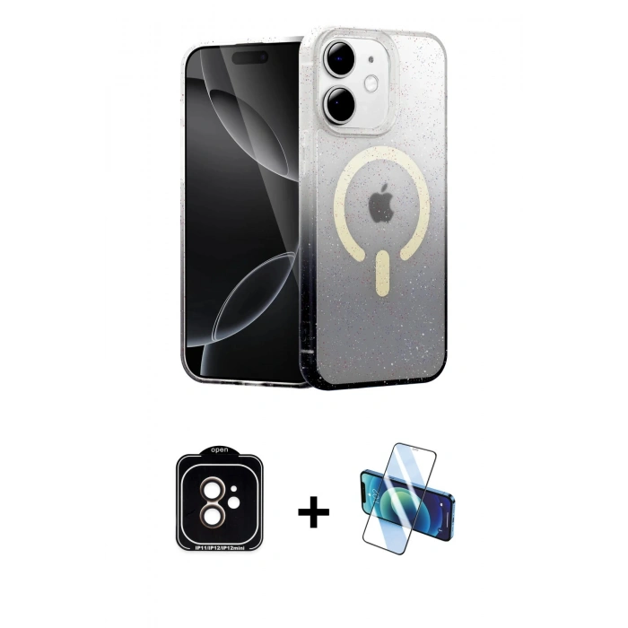 MARSİLYAN™- iPhone 11 Kılıf Eksen Minimal Özel Seri - Siyah 3D Antistatik Cam Ekran Koruyucu + PVD Metal Kamera Lens - TU