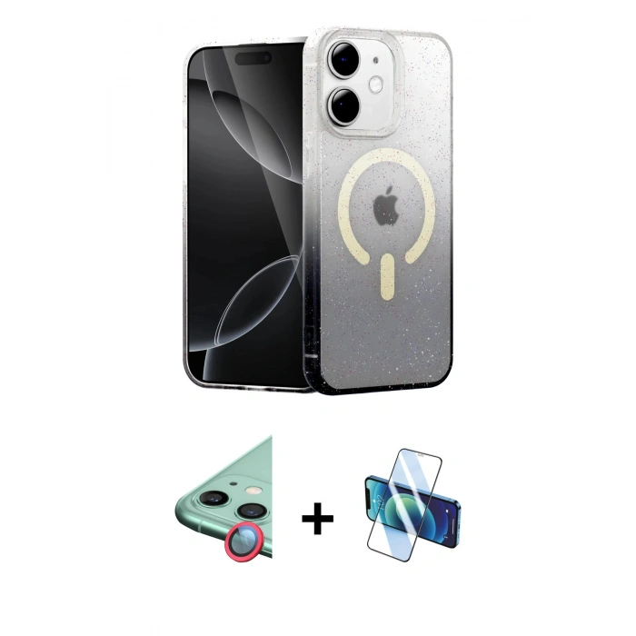 MARSİLYAN™- iPhone 11 Kılıf Eksen Minimal Özel Seri - Siyah 3D Antistatik Cam Ekran Koruyucu + Raze Metal Kamera Lens - KI