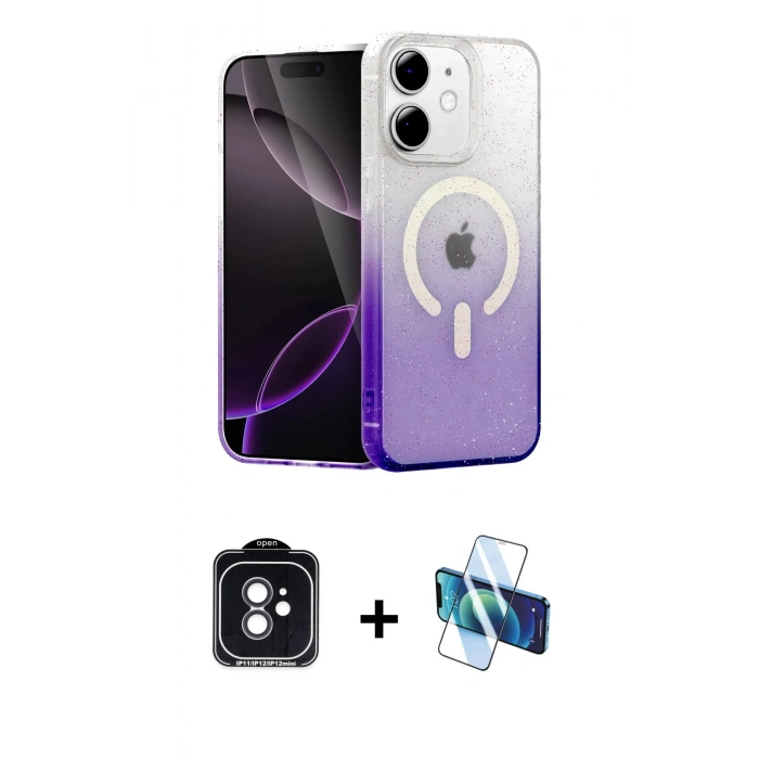 MARSİLYAN™- iPhone 11 Kılıf Eksen Minimal Özel Seri - Siyah 3D Antistatik Cam Ekran Koruyucu + PVD Metal Kamera Lens - SH