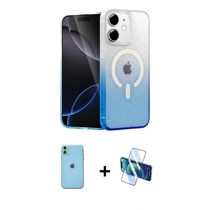 MARSİLYAN™- iPhone 11 Kılıf Eksen Minimal Özel Seri - Siyah 3D Antistatik Cam Ekran Koruyucu + Neon Fosforlu Kamera Lens - YL