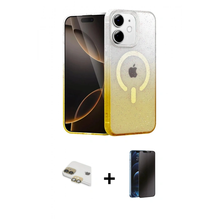 MARSİLYAN™- iPhone 11 Kılıf Eksen Minimal Özel Seri - Siyah 3D Antistatik Hayalet Cam Ekran Koruyucu + Gold Pers Alüminyum Kamera Lens