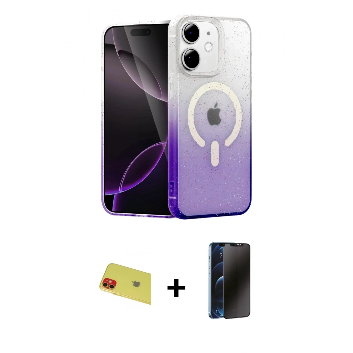 MARSİLYAN™- iPhone 11 Kılıf Eksen Minimal Özel Seri - Siyah 3D Antistatik Hayalet Cam Ekran Koruyucu + Rainbow Kamera Lens Koruma Cam - KI