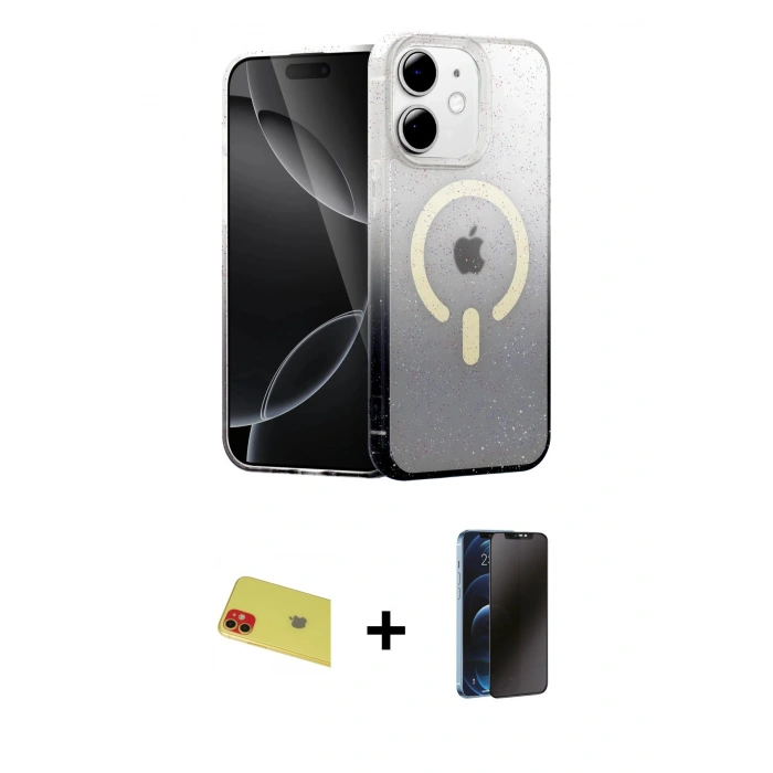 MARSİLYAN™- iPhone 11 Kılıf Eksen Minimal Özel Seri - Siyah 3D Antistatik Hayalet Cam Ekran Koruyucu + Rainbow Kamera Lens Koruma Cam - KI