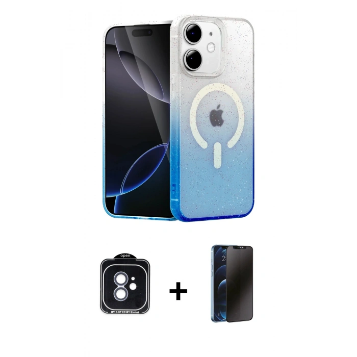 MARSİLYAN™- iPhone 11 Kılıf Eksen Minimal Özel Seri - Siyah 3D Antistatik Hayalet Cam Ekran Koruyucu + Mavi PVD Metal Kamera Lens