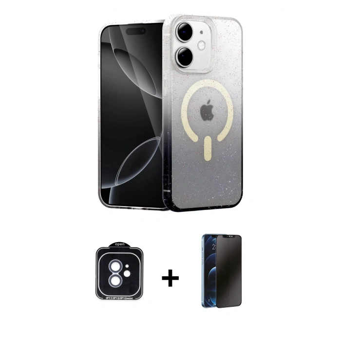 MARSİLYAN™- iPhone 11 Kılıf Eksen Minimal Özel Seri - Siyah 3D Antistatik Hayalet Cam Ekran Koruyucu + Mavi PVD Metal Kamera Lens