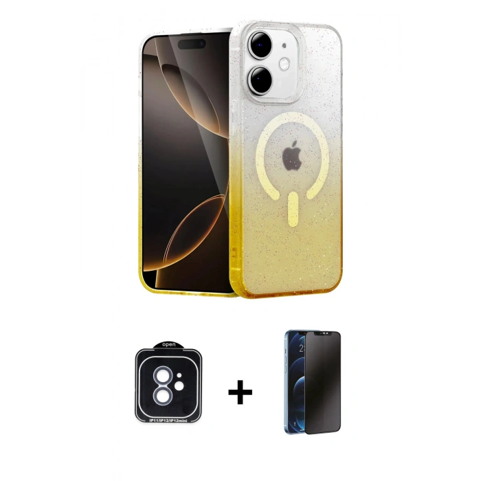 MARSİLYAN™- iPhone 11 Kılıf Eksen Minimal Özel Seri - Siyah 3D Antistatik Hayalet Cam Ekran Koruyucu + Mavi PVD Metal Kamera Lens