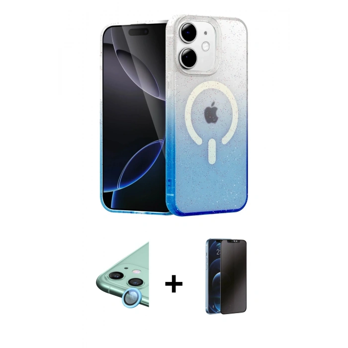 MARSİLYAN™- iPhone 11 Kılıf Eksen Minimal Özel Seri - Siyah 3D Antistatik Hayalet Cam Ekran Koruyucu + Mavi Raze Metal Kamera Lens